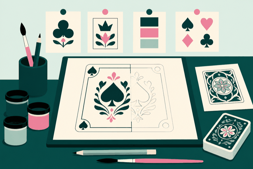 Flat illustration of a drawing board with a half-finished playing card design, paint pots and colour swatches