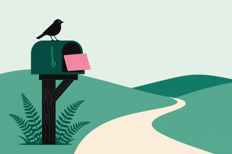 Flat illustration of a rural letterbox with a pink envelope, a small bird on top and rolling green hills behind