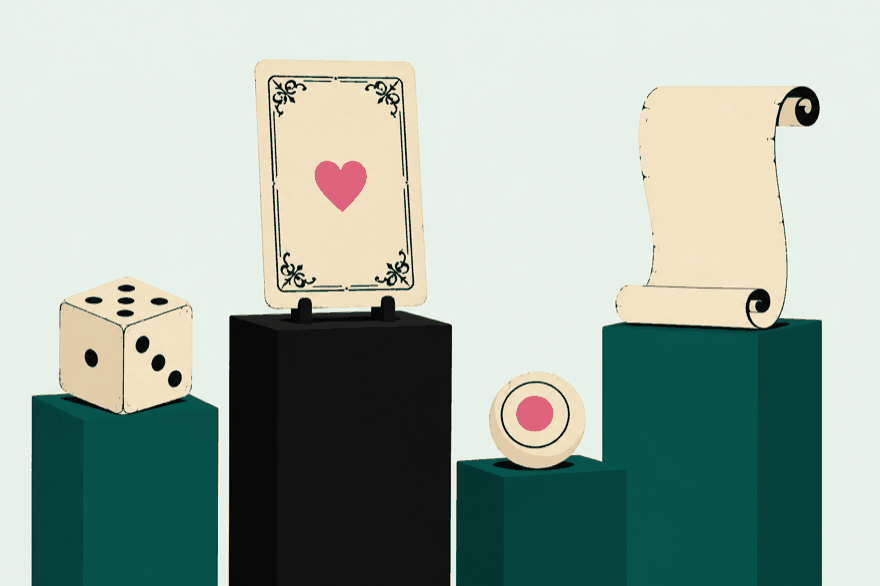 Flat illustration of an antique die, an ornate playing card, a lotto ball and a parchment scroll displayed on plinths like museum pieces