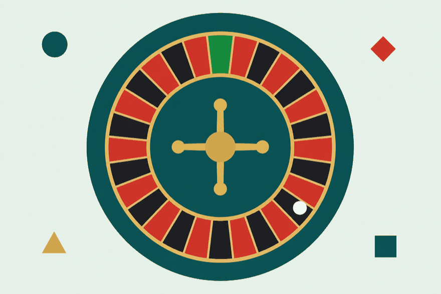 Flat diagram-style illustration of a European roulette wheel viewed from above, with red and black pocket wedges and one green pocket