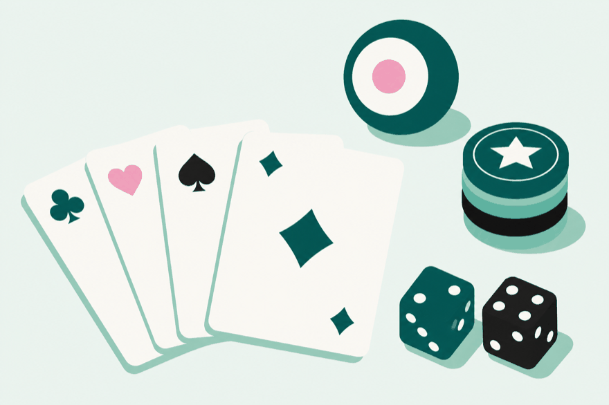 Flat illustration of fanned playing cards, two dice, stacked game tokens and a bingo ball on a mint background