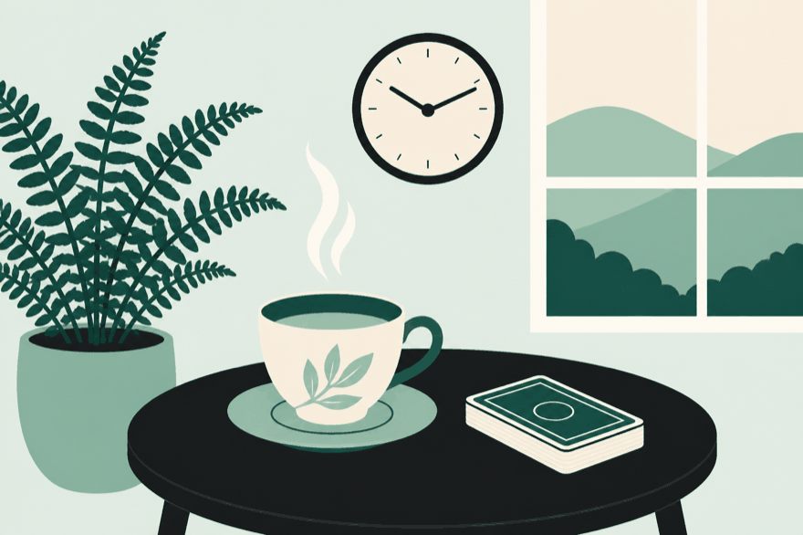 Flat illustration of a steaming cup of tea beside a closed deck of cards, with a wall clock and a potted fern