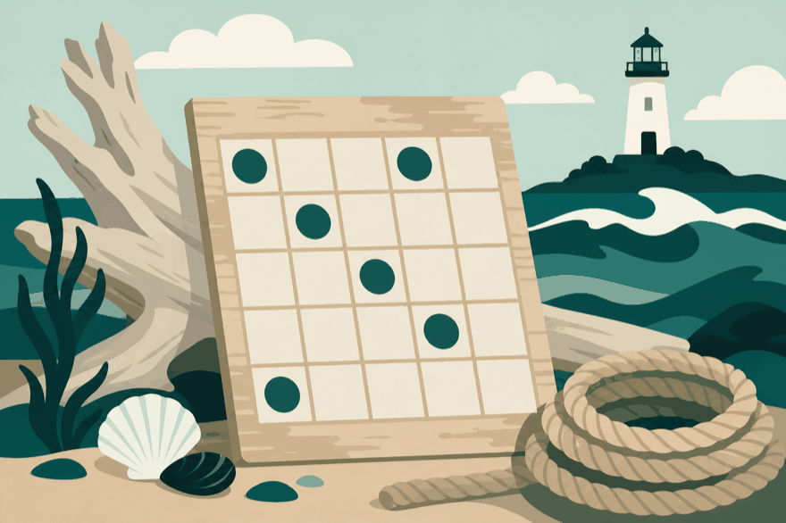 Flat illustration of a bingo card leaning on driftwood, with rope, a shell and a lighthouse on a green sea