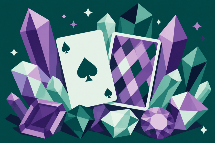 Flat illustration of an ace of spades and a patterned card back among faceted violet and green crystals