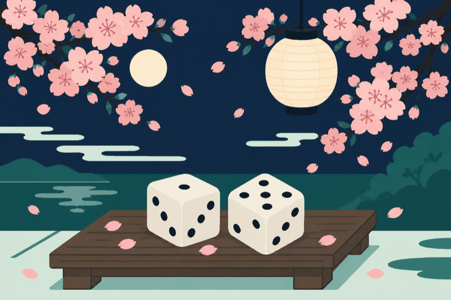 Flat illustration of two white dice on a wooden table beneath cherry blossoms and a glowing paper lantern at night